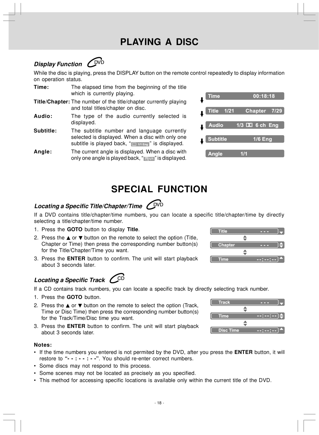 Audiovox VE 927 Special Function, Display Function, Locating a Specific Title/Chapter/Time, Locating a Specific Track 