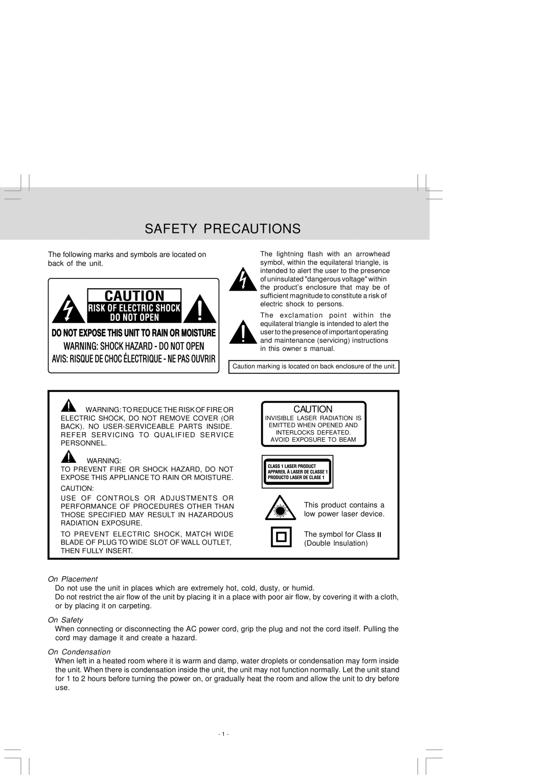 Audiovox VE 927 manual Safety Precautions, Following marks and symbols are located on back of the unit 