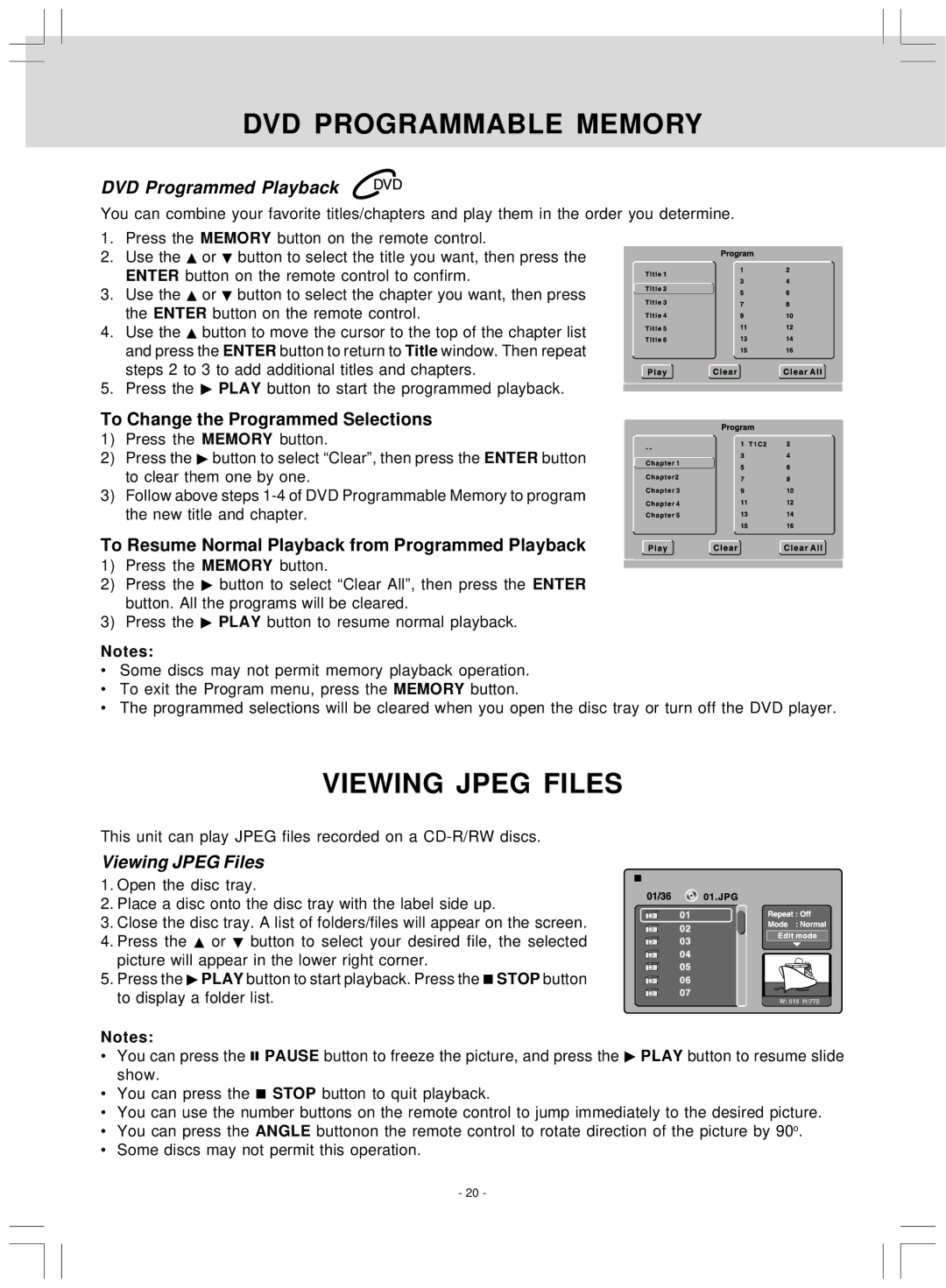 Audiovox VE 927 manual DVD Programmable Memory, Viewing Jpeg Files, DVD Programmed Playback 