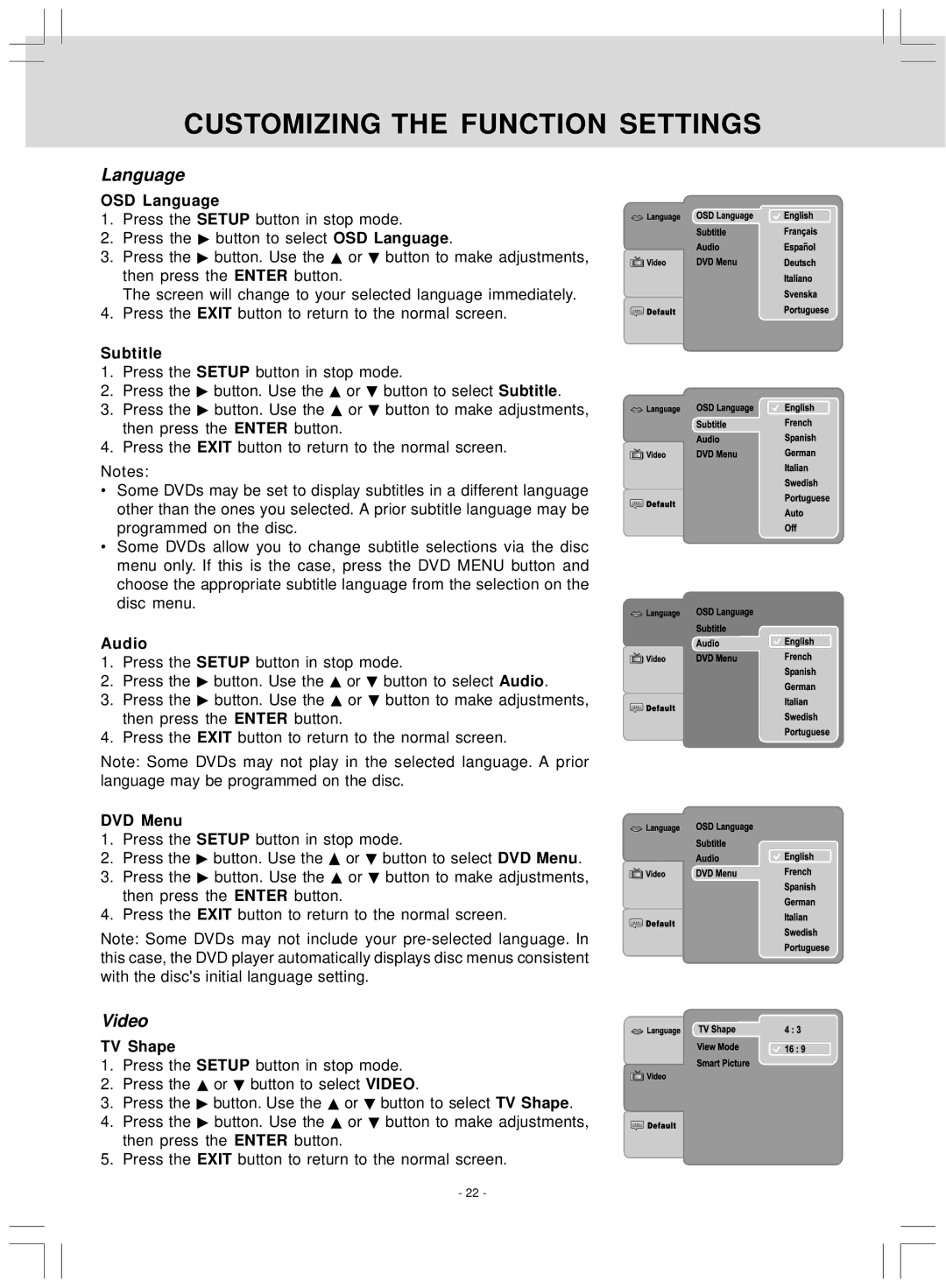 Audiovox VE 927 manual Customizing the Function Settings, Language, Video 