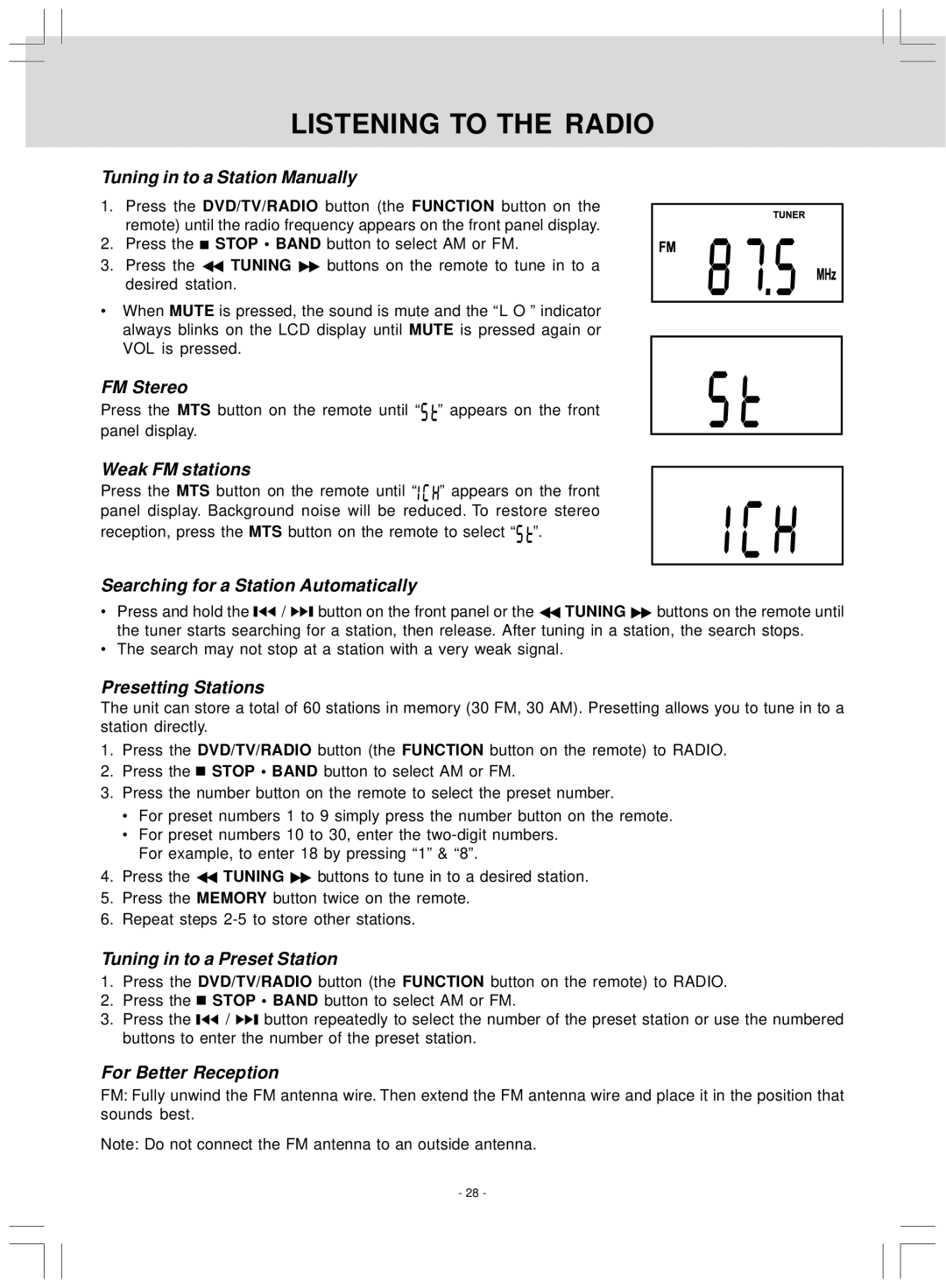 Audiovox VE 927 manual Listening to the Radio 