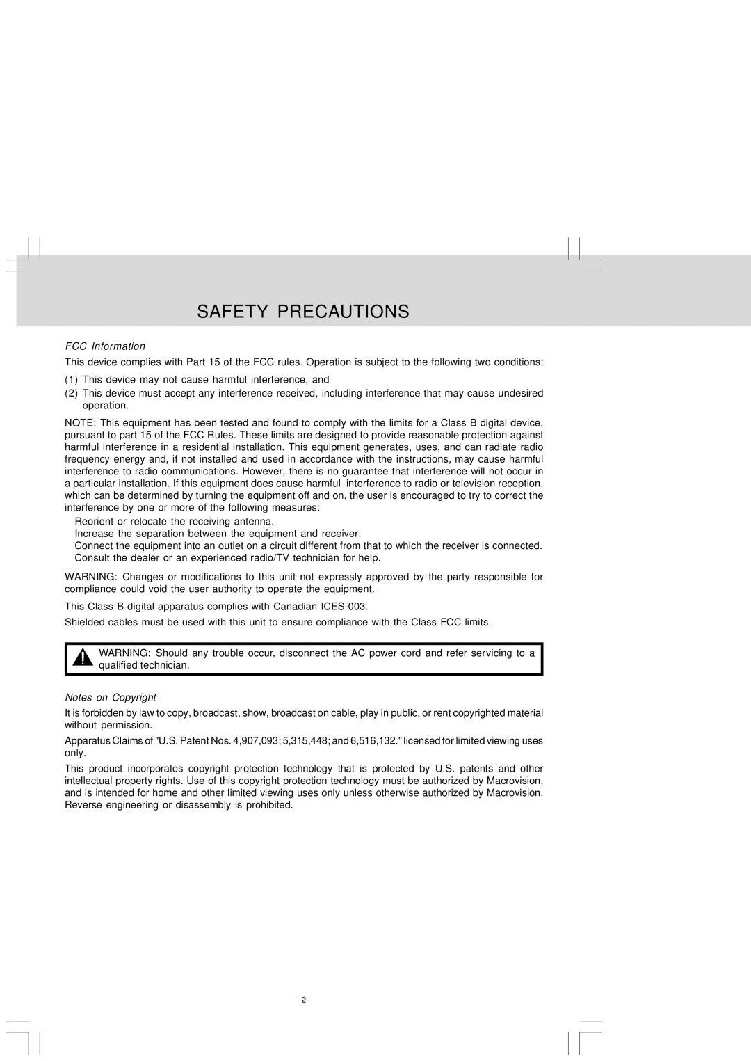 Audiovox VE 927 manual FCC Information 