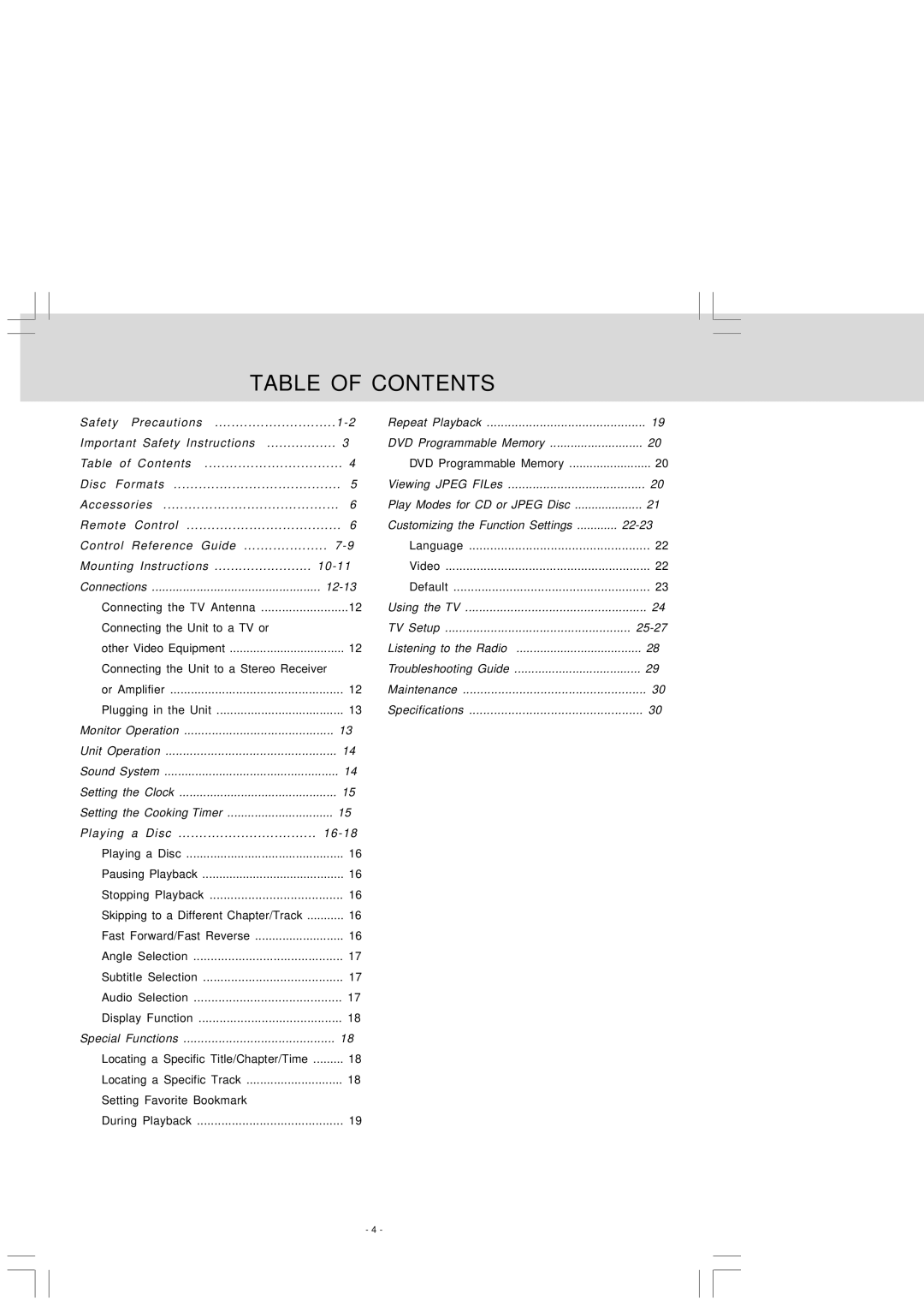 Audiovox VE 927 manual Table of Contents 