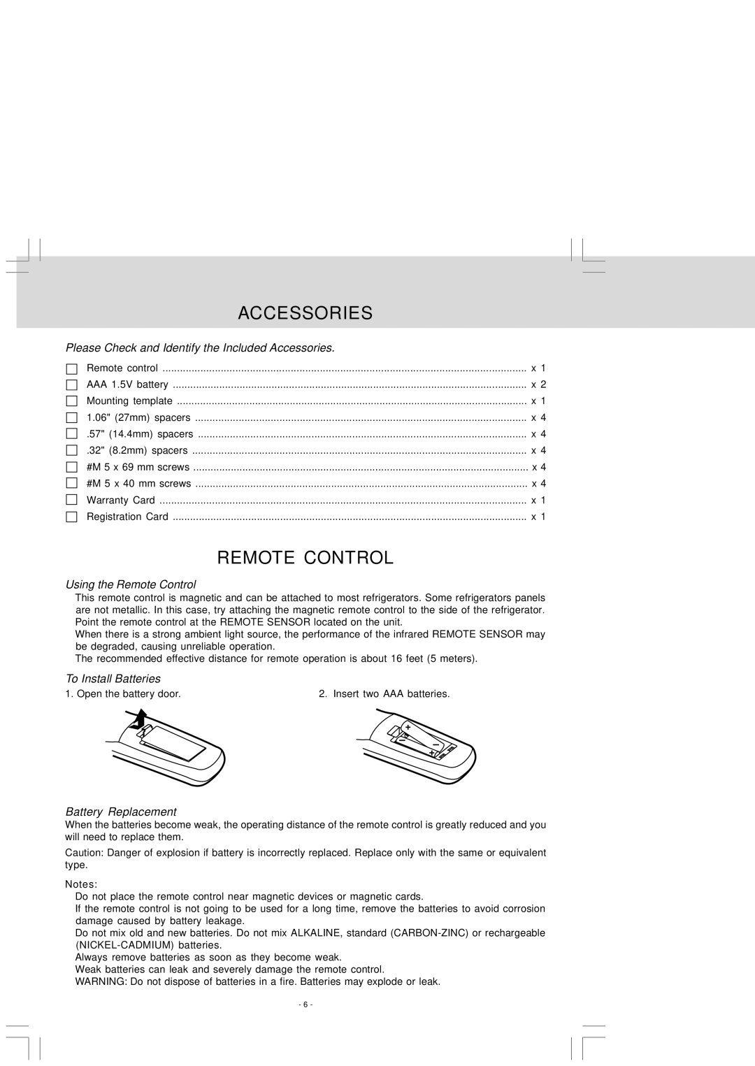 Audiovox VE 927 manual Accessories, Remote Control 