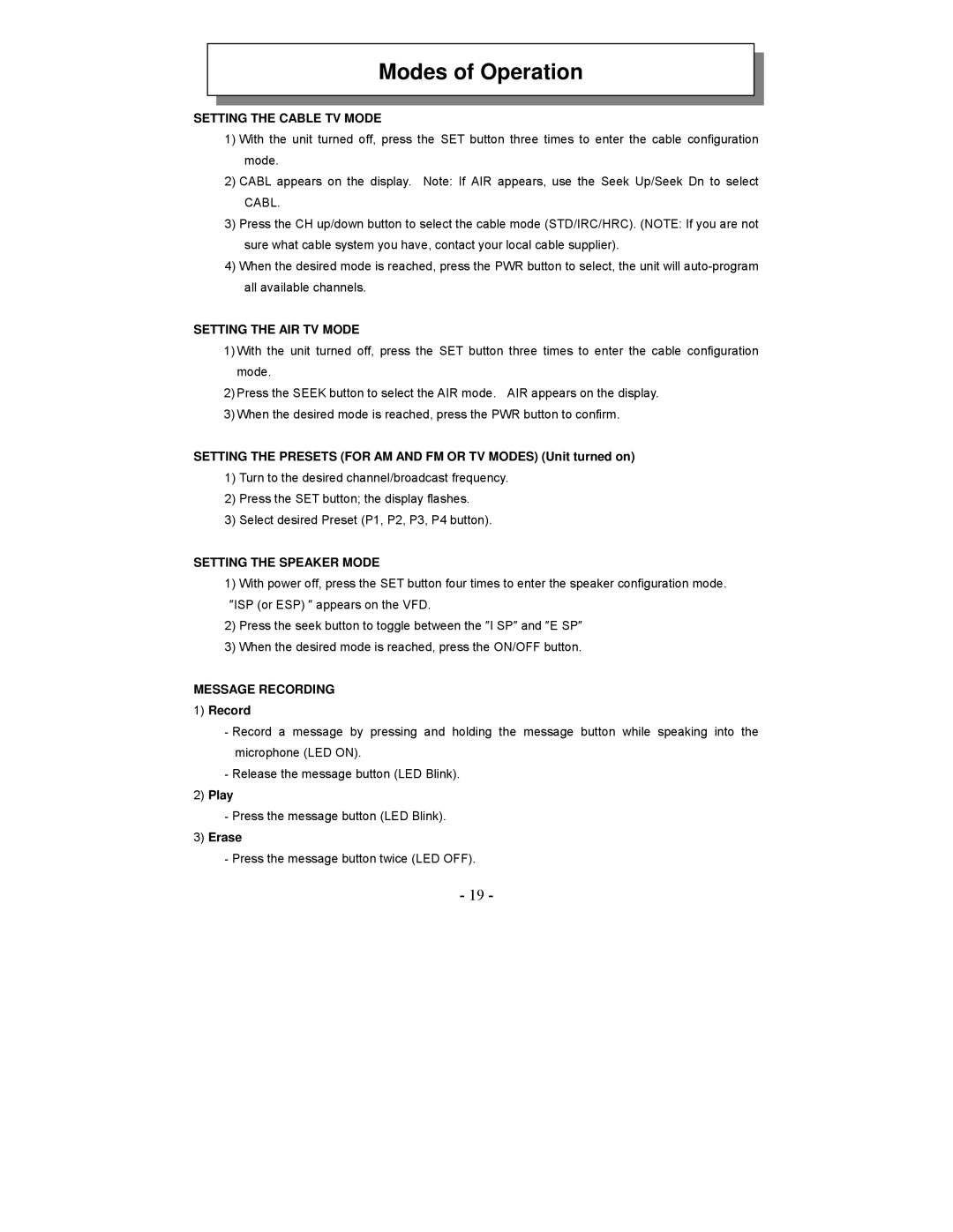 Audiovox VE1020 manual Modes of Operation, Setting the Cable TV Mode, Setting the AIR TV Mode, Setting the Speaker Mode 