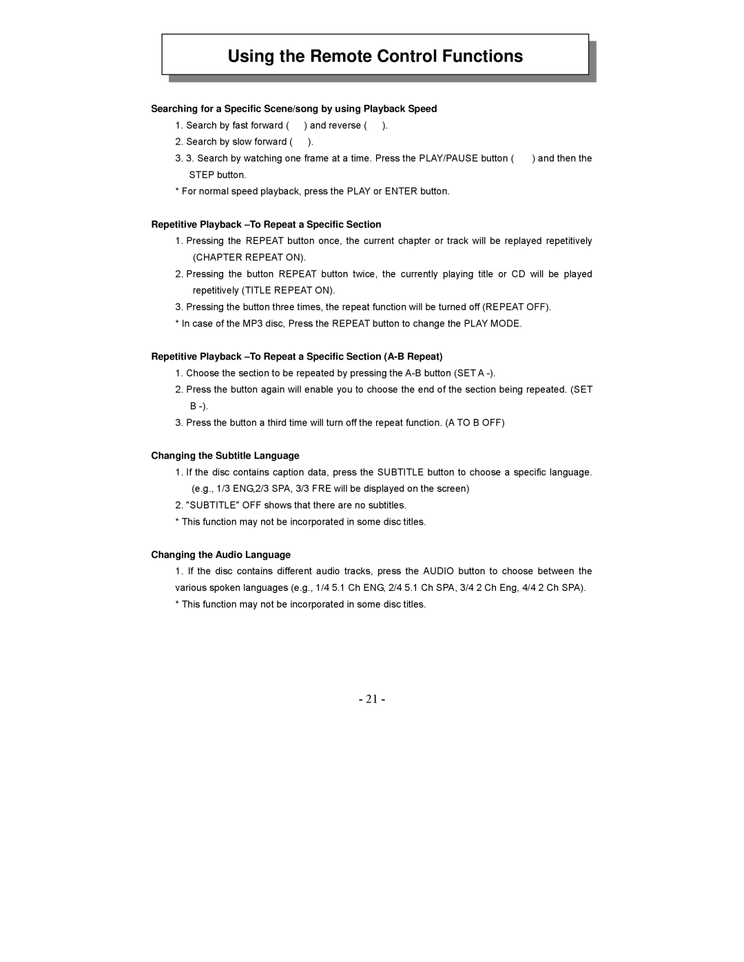 Audiovox VE1020 manual Searching for a Specific Scene/song by using Playback Speed, Changing the Subtitle Language 