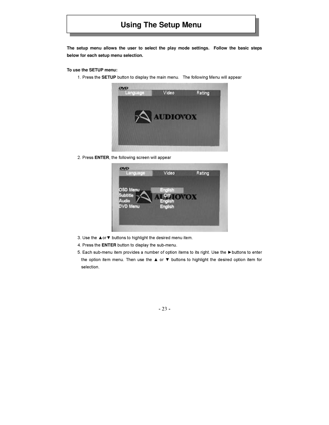 Audiovox VE1020 manual Using The Setup Menu 