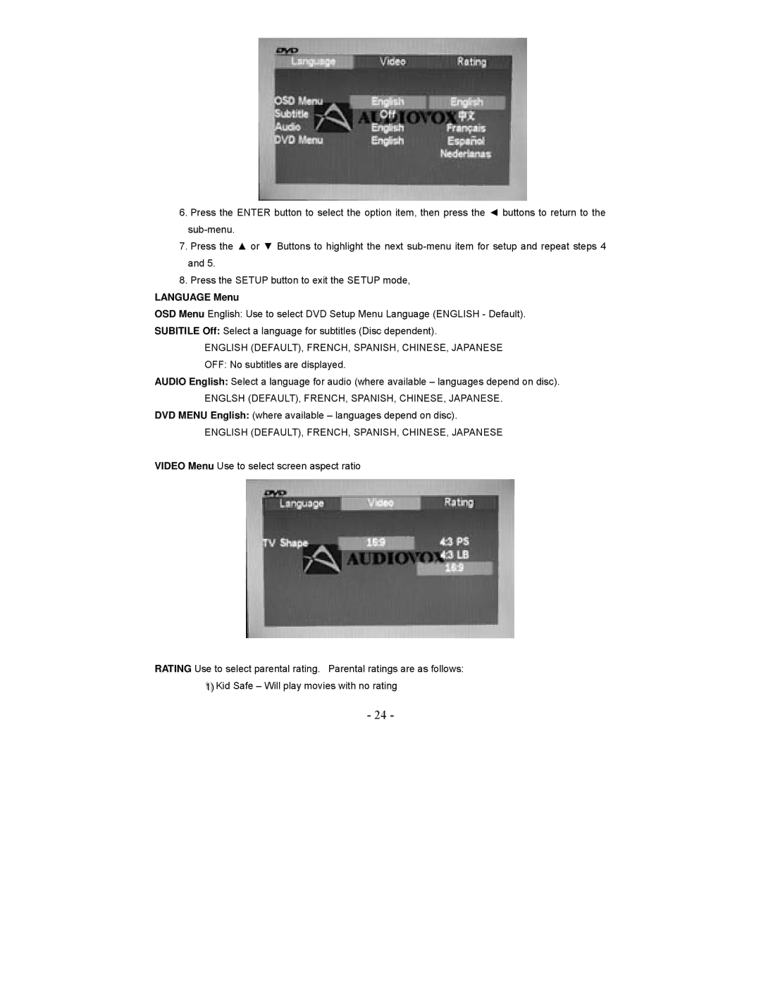 Audiovox VE1020 manual Language Menu, English DEFAULT, FRENCH, SPANISH, CHINESE, Japanese 