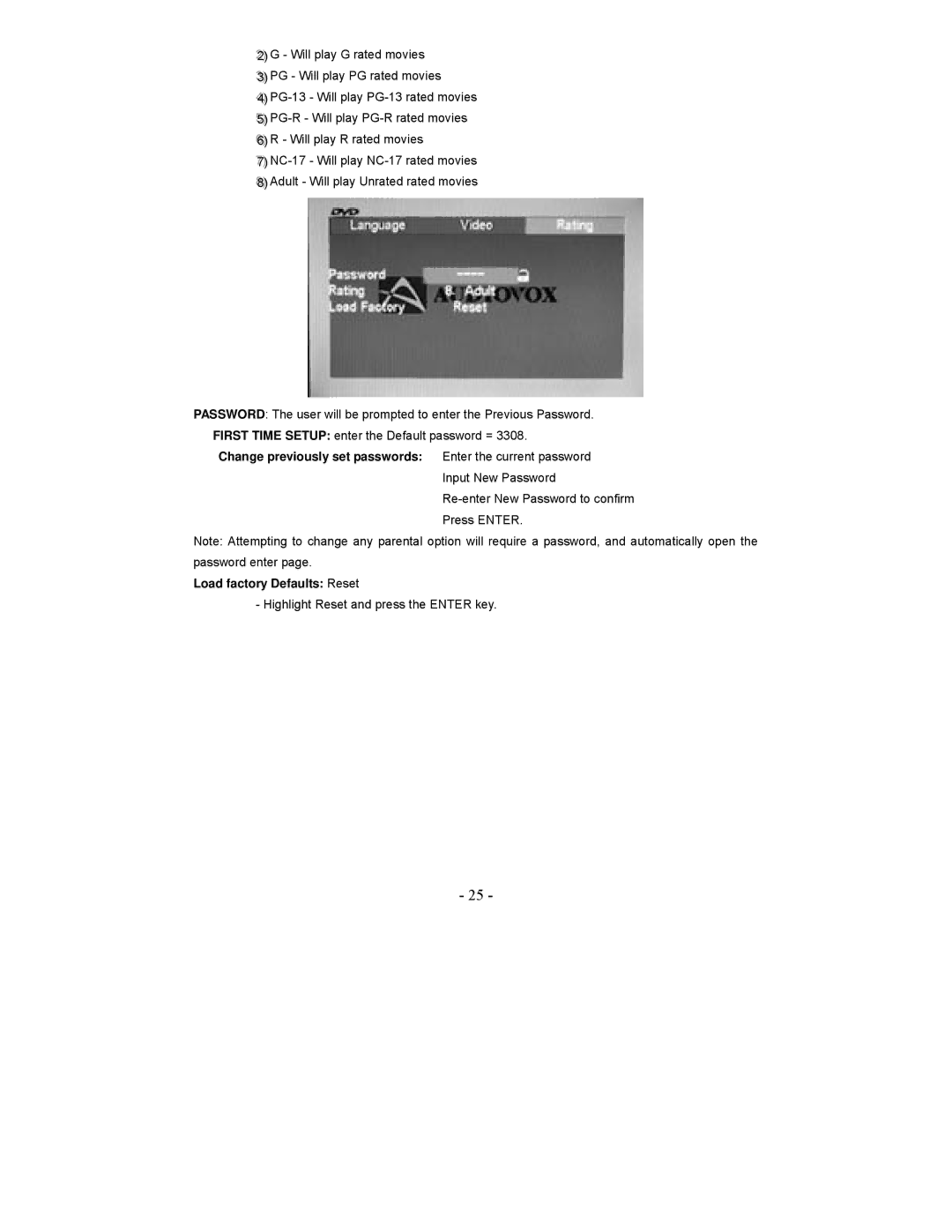 Audiovox VE1020 manual Load factory Defaults Reset 