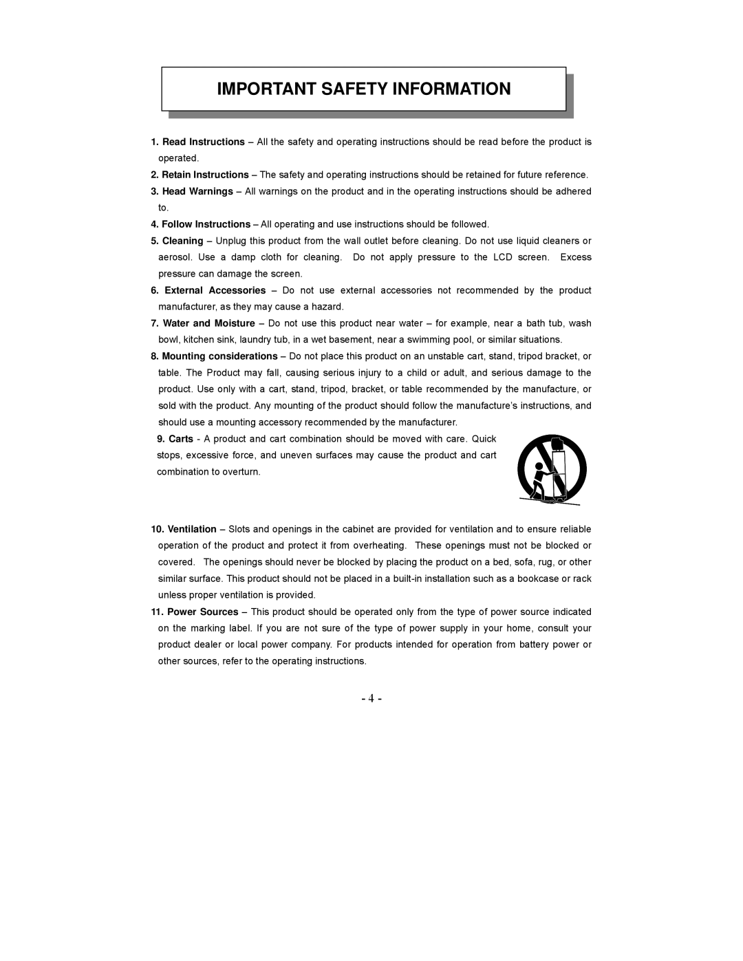 Audiovox VE1020 manual Important Safety Information 