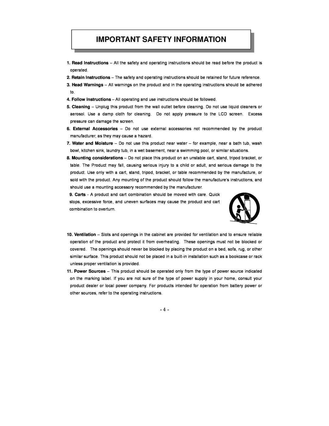 Audiovox VE1020 manual Important Safety Information 