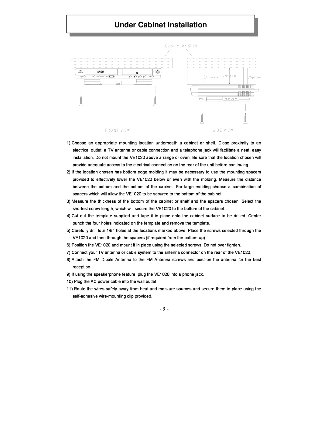 Audiovox VE1020 manual Under Cabinet Installation 