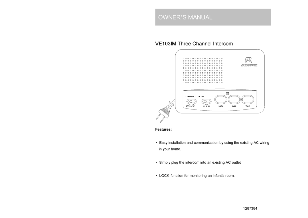 Audiovox owner manual VE103IM Three Channel Intercom 