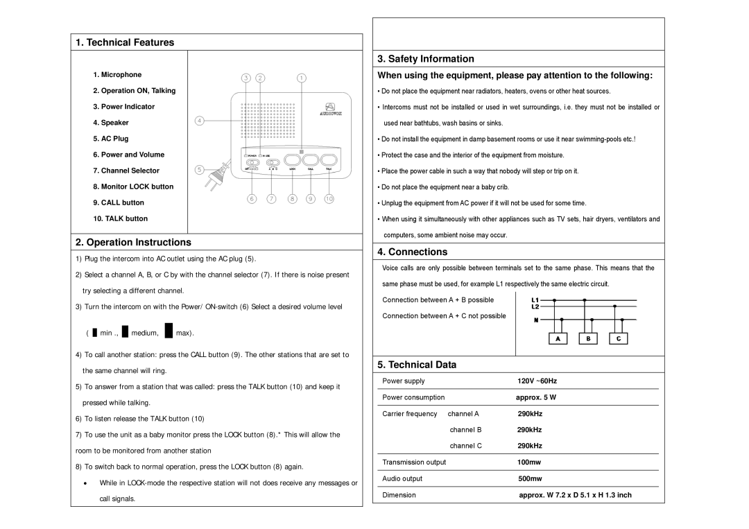 Audiovox VE103IM owner manual Technical Features, Operation Instructions, Safety Information, Connections, Technical Data 