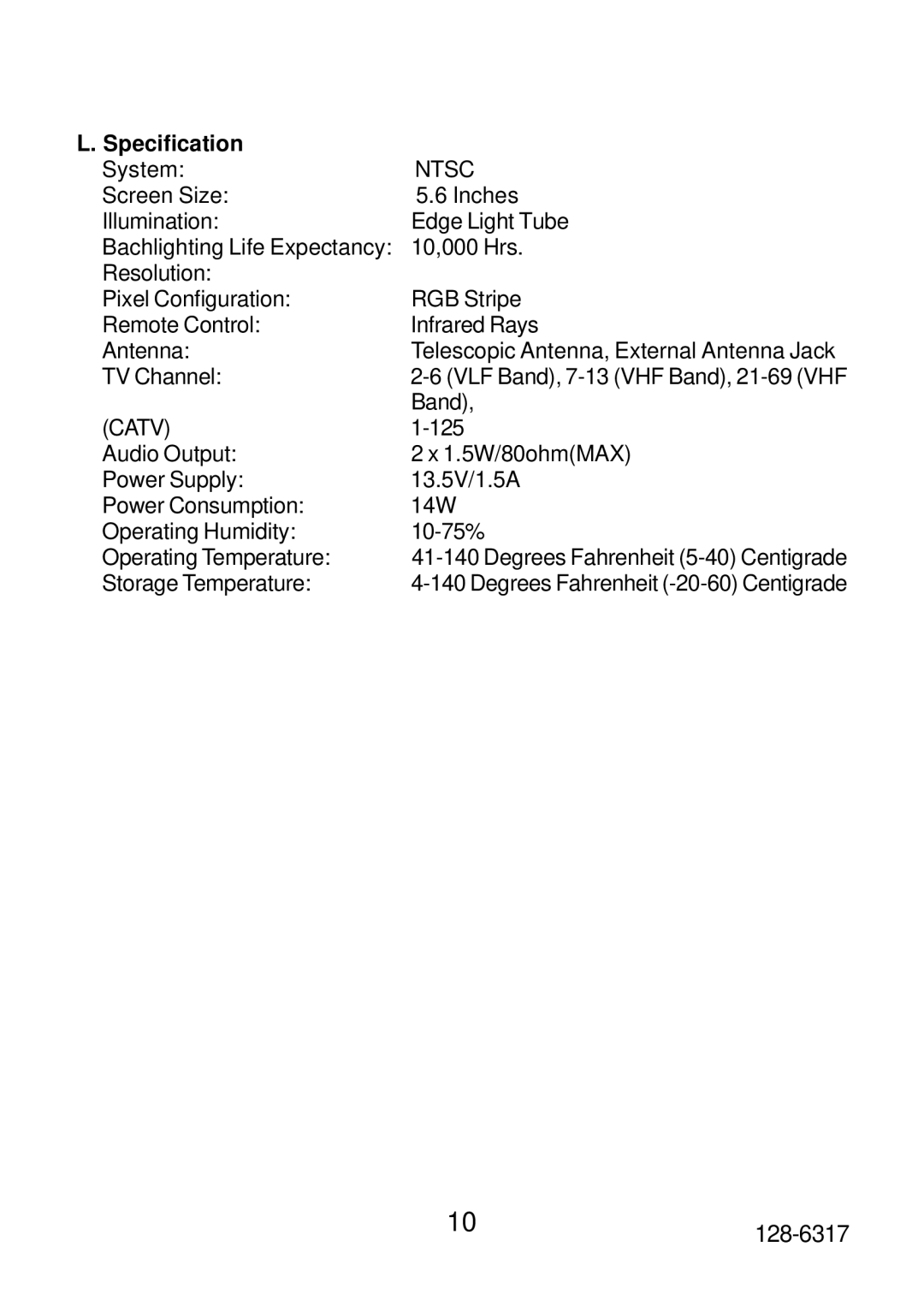 Audiovox VE560 operation manual Specification, Catv 