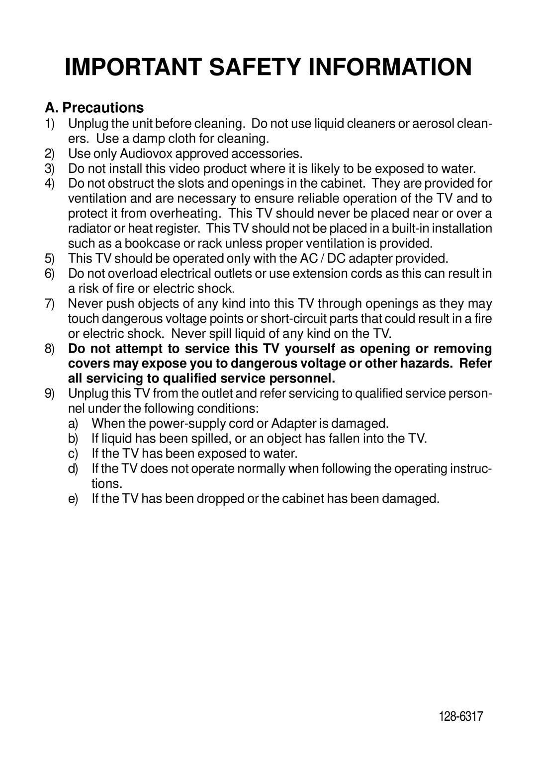 Audiovox VE560 operation manual Important Safety Information, Precautions 