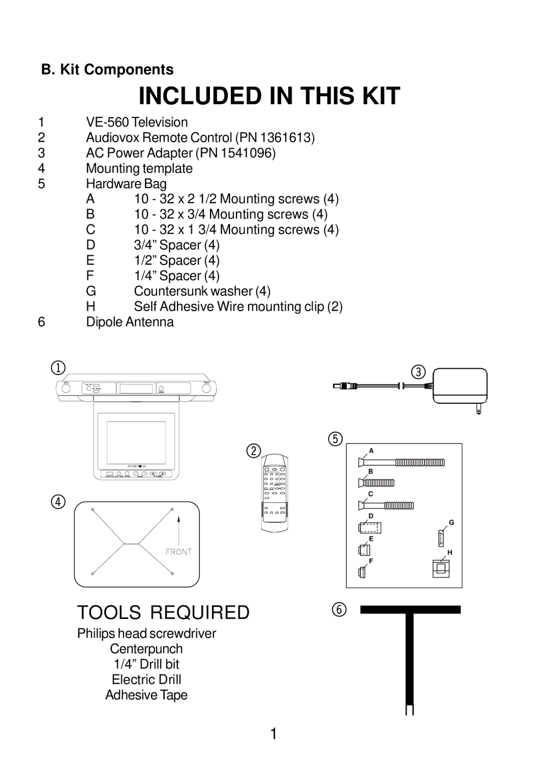 Audiovox VE560 operation manual Included in this KIT, Kit Components 