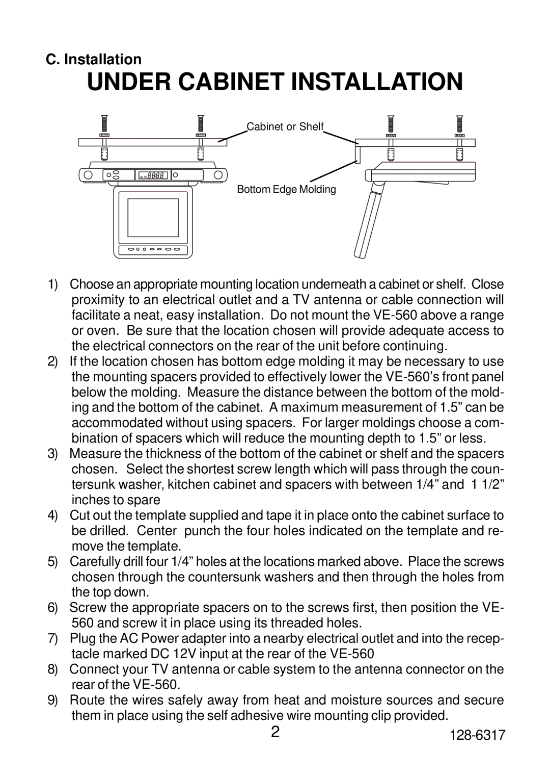 Audiovox VE560 operation manual Under Cabinet Installation 