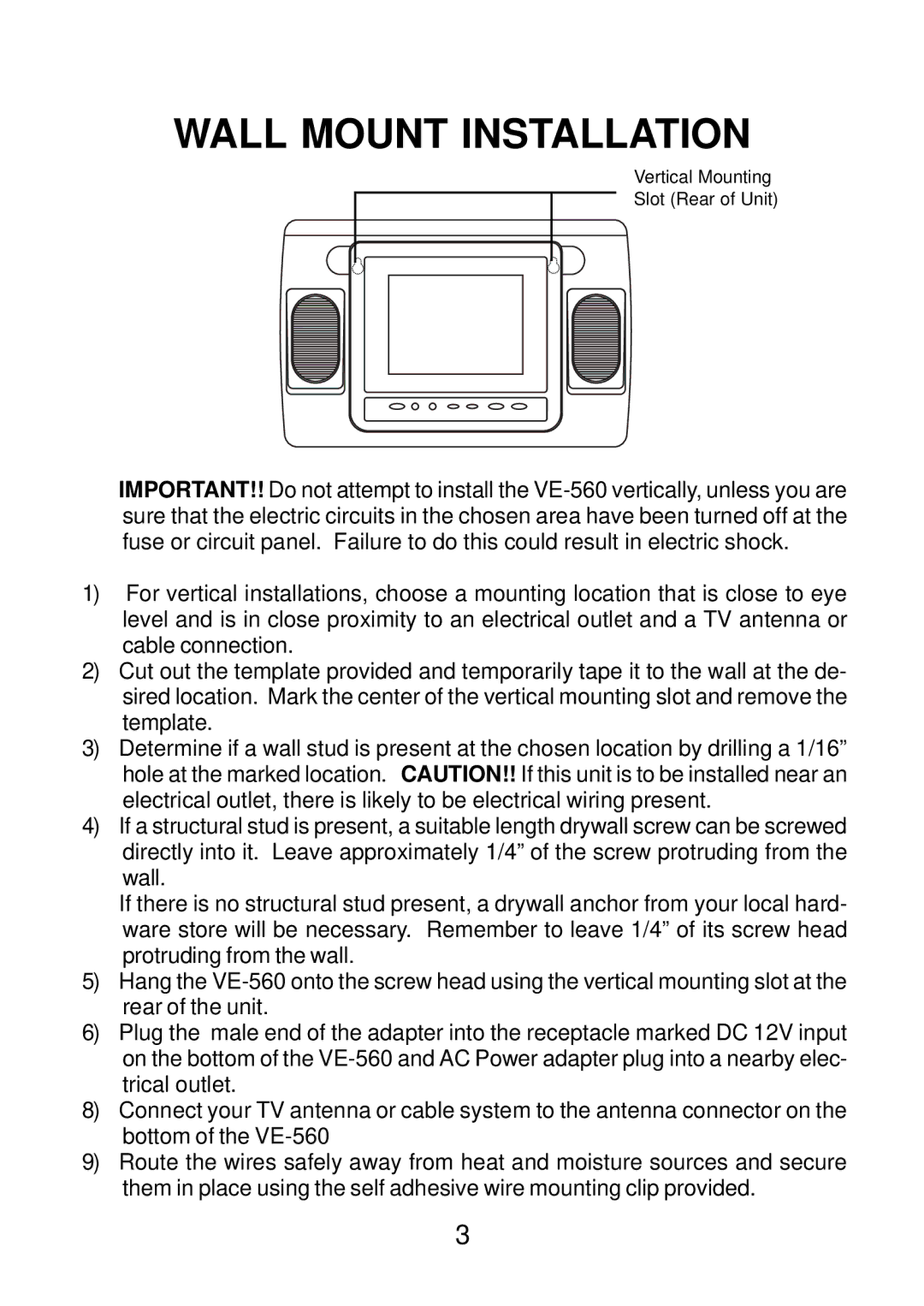 Audiovox VE560 operation manual Wall Mount Installation 