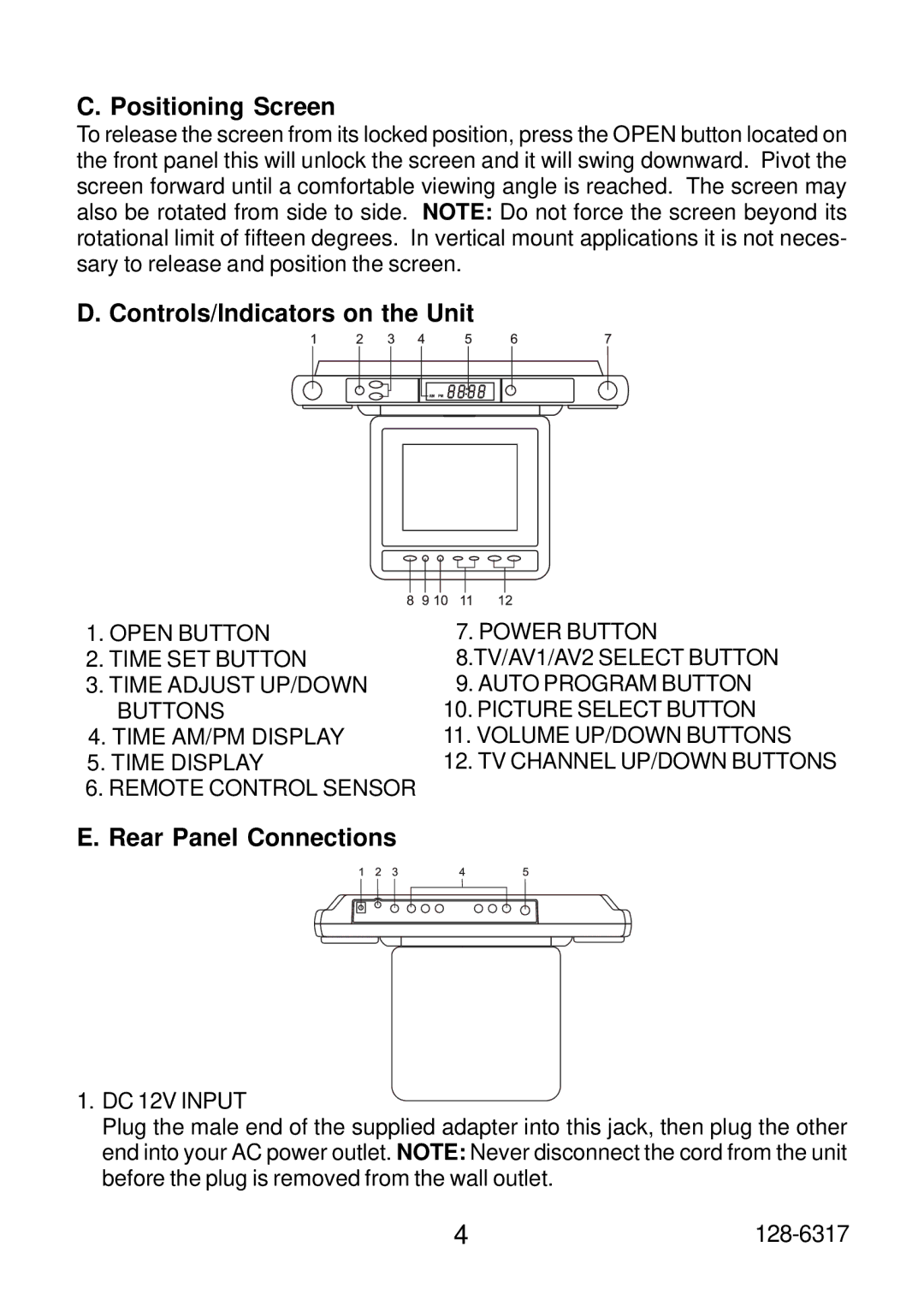 Audiovox VE560 operation manual Positioning Screen, Controls/Indicators on the Unit, Rear Panel Connections, DC 12V Input 