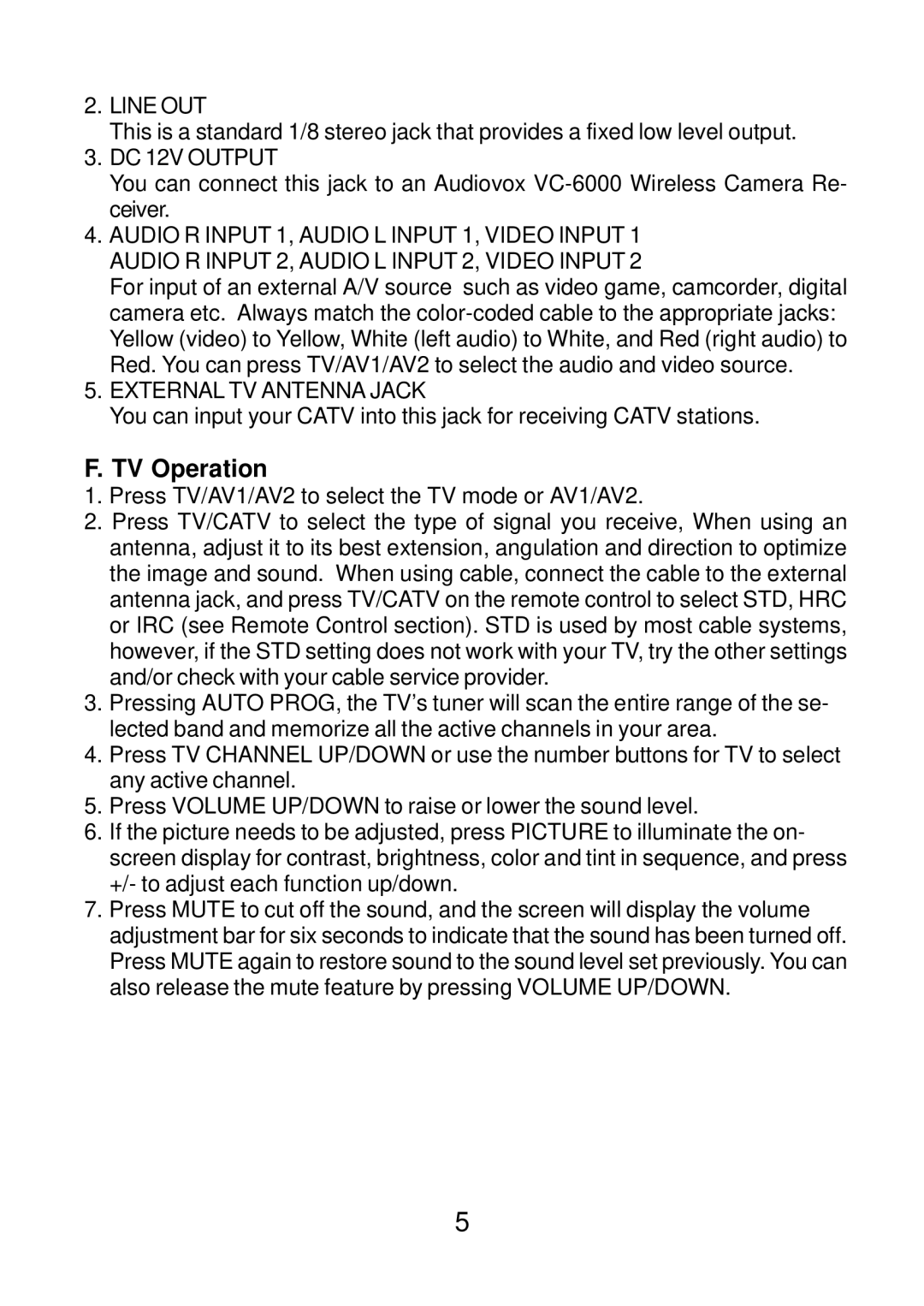 Audiovox VE560 operation manual TV Operation, Line OUT, DC 12V Output, External TV Antenna Jack 