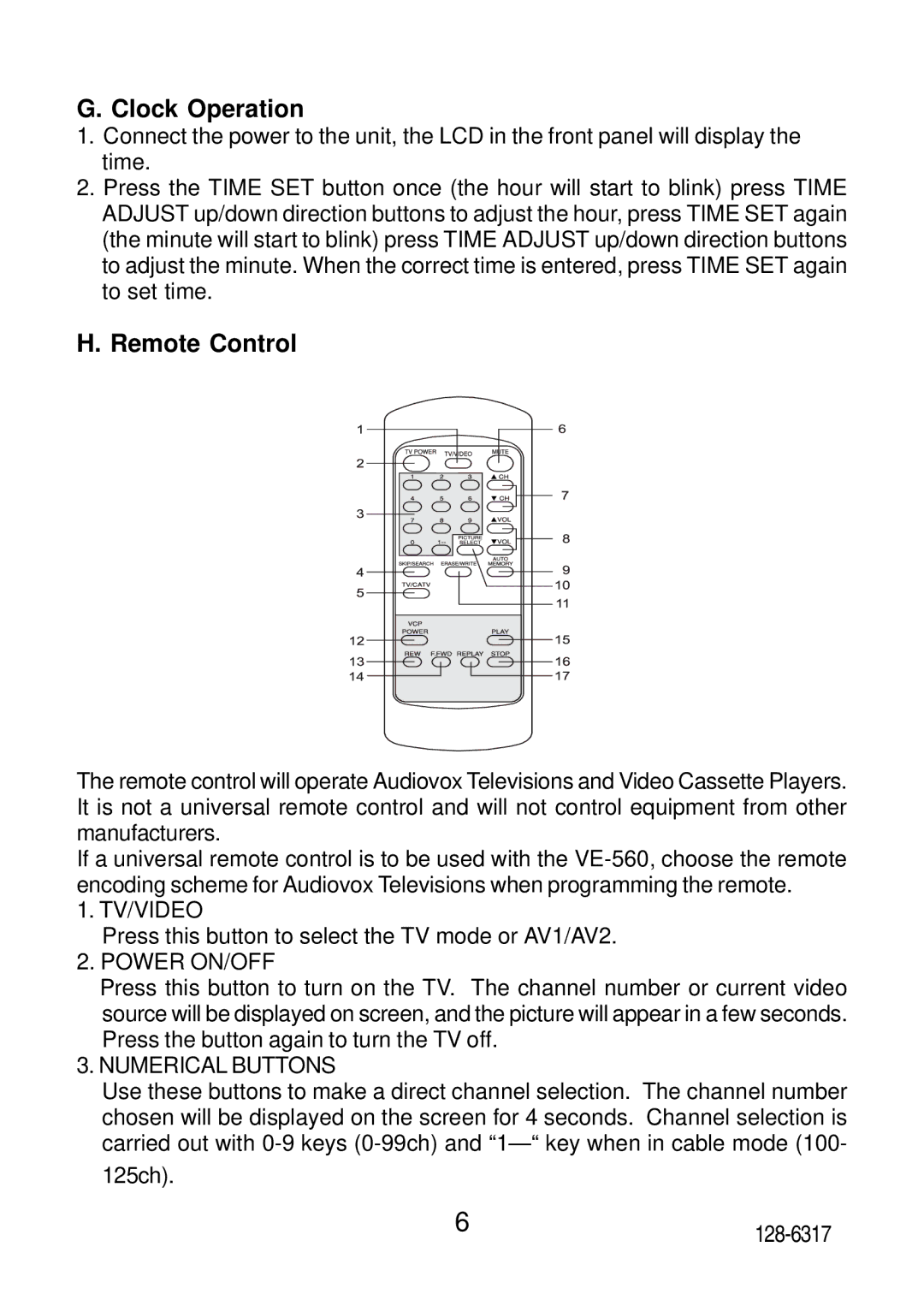 Audiovox VE560 operation manual Clock Operation, Remote Control, Tv/Video, Power ON/OFF, Numerical Buttons 