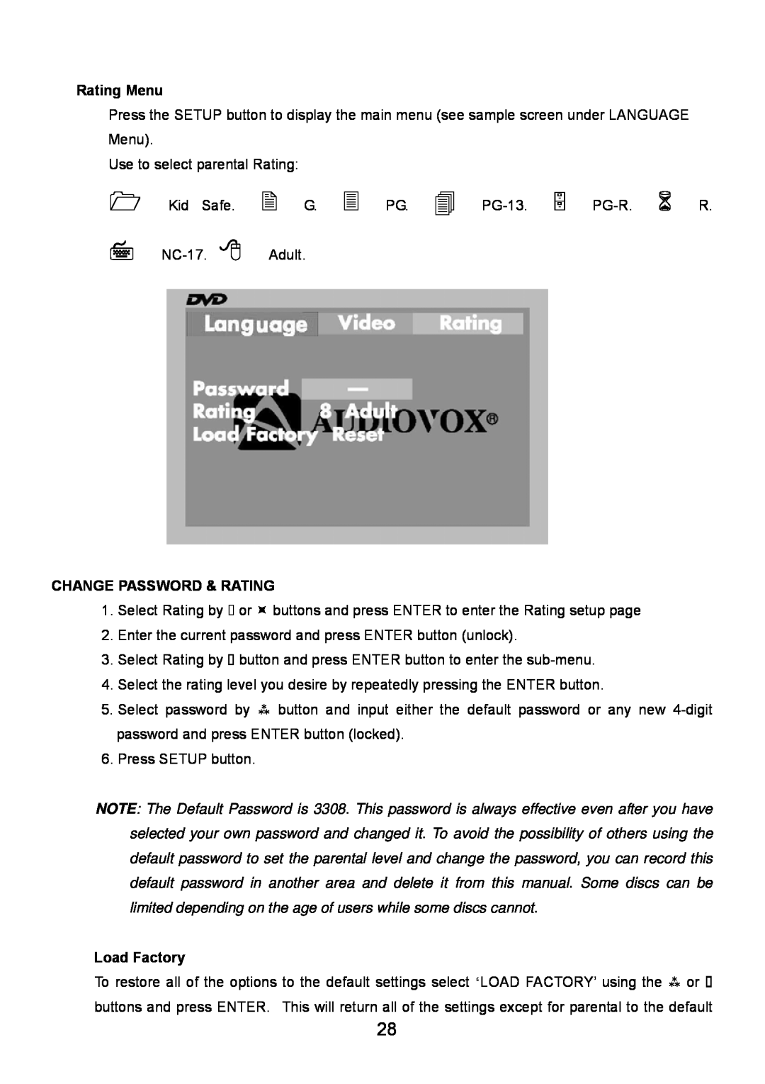 Audiovox VE720 manual Rating Menu, Change Password & Rating, Load Factory 
