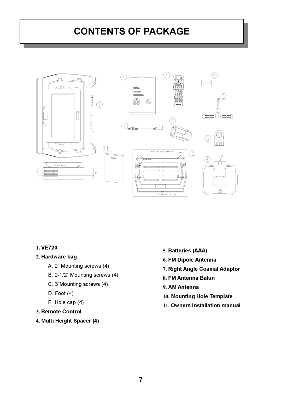 Audiovox manual Contents Of Package, 1. VE720 2. Hardware bag, Remote Control 4. Multi Height Spacer 