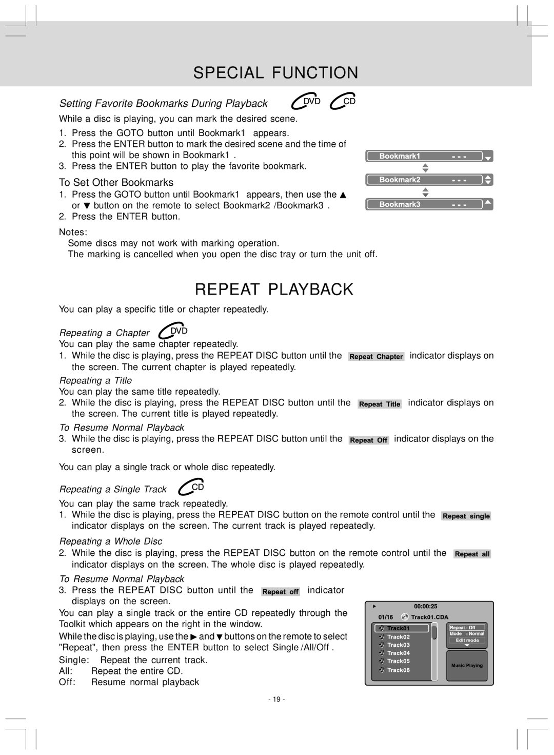 Audiovox VE727 manual Repeat Playback, Setting Favorite Bookmarks During Playback 