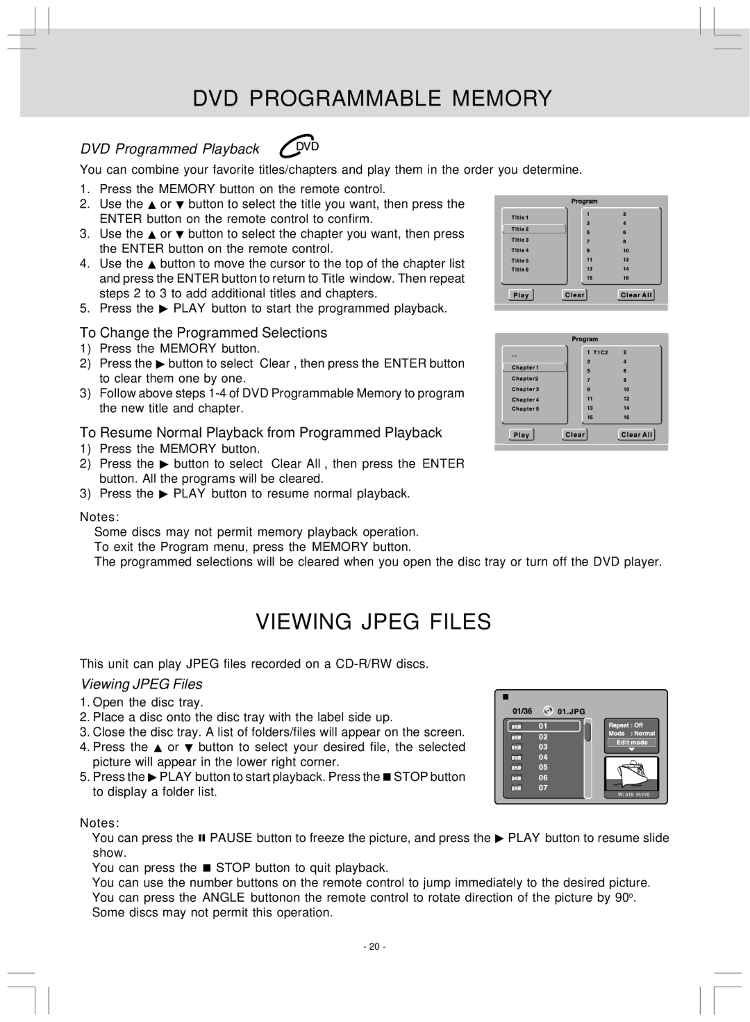 Audiovox VE727 manual DVD Programmable Memory, Viewing Jpeg Files, DVD Programmed Playback 