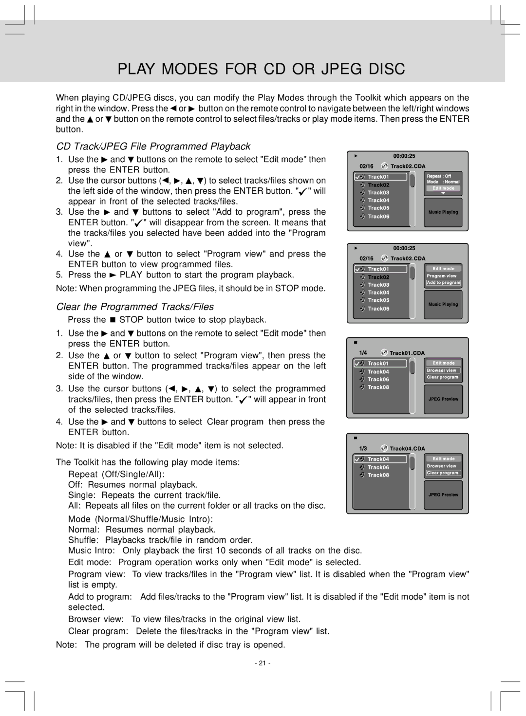 Audiovox VE727 Play Modes for CD or Jpeg Disc, CD Track/JPEG File Programmed Playback, Clear the Programmed Tracks/Files 