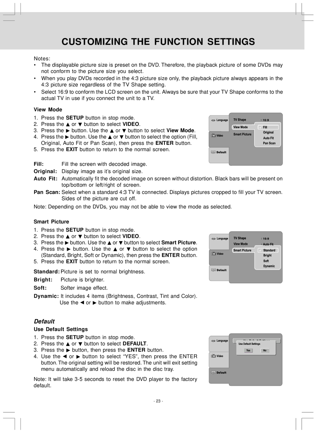 Audiovox VE727 manual View Mode, Smart Picture, Use Default Settings 