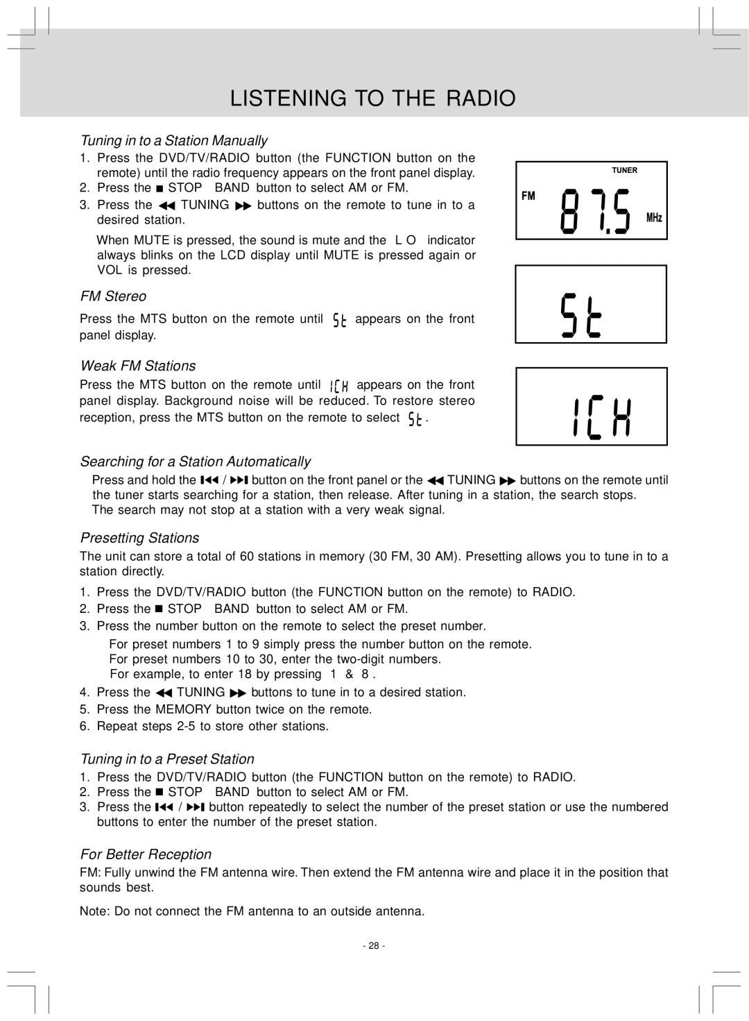 Audiovox VE727 manual Listening to the Radio 