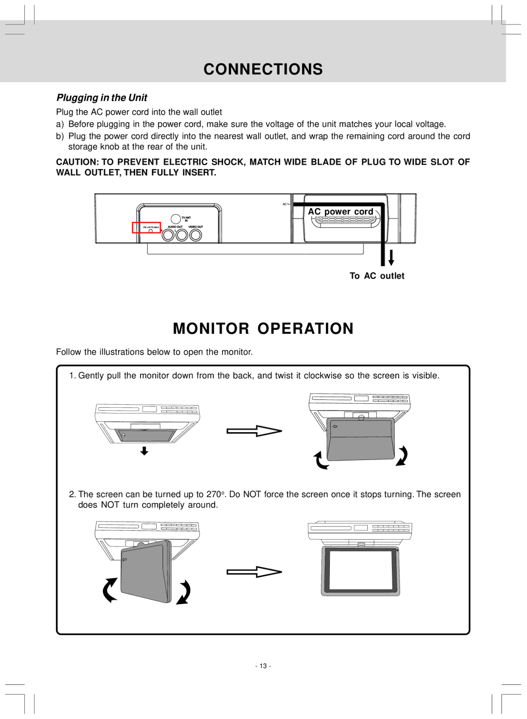 Audiovox VE827 manual Monitor Operation, Plugging in the Unit, AC power cord, To AC outlet 