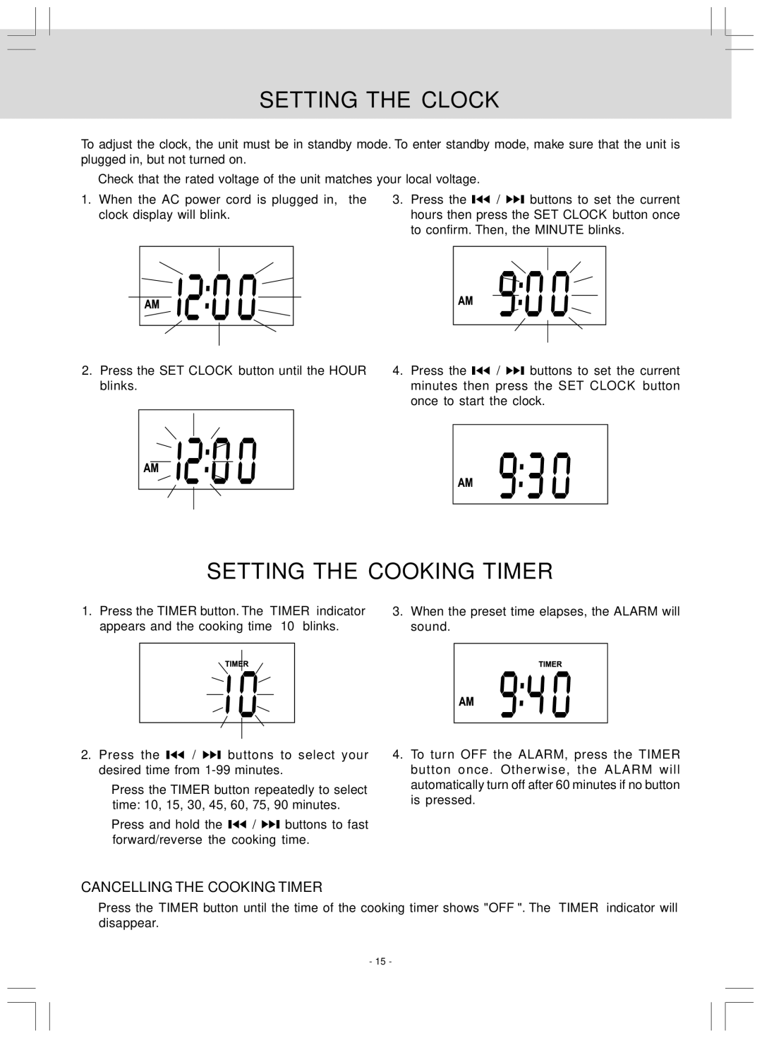 Audiovox VE827 manual Setting the Clock, Setting the Cooking Timer 