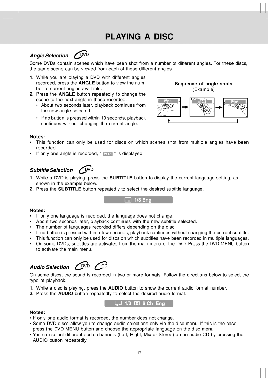 Audiovox VE827 manual Angle Selection, Subtitle Selection, Audio Selection, Sequence of angle shots 