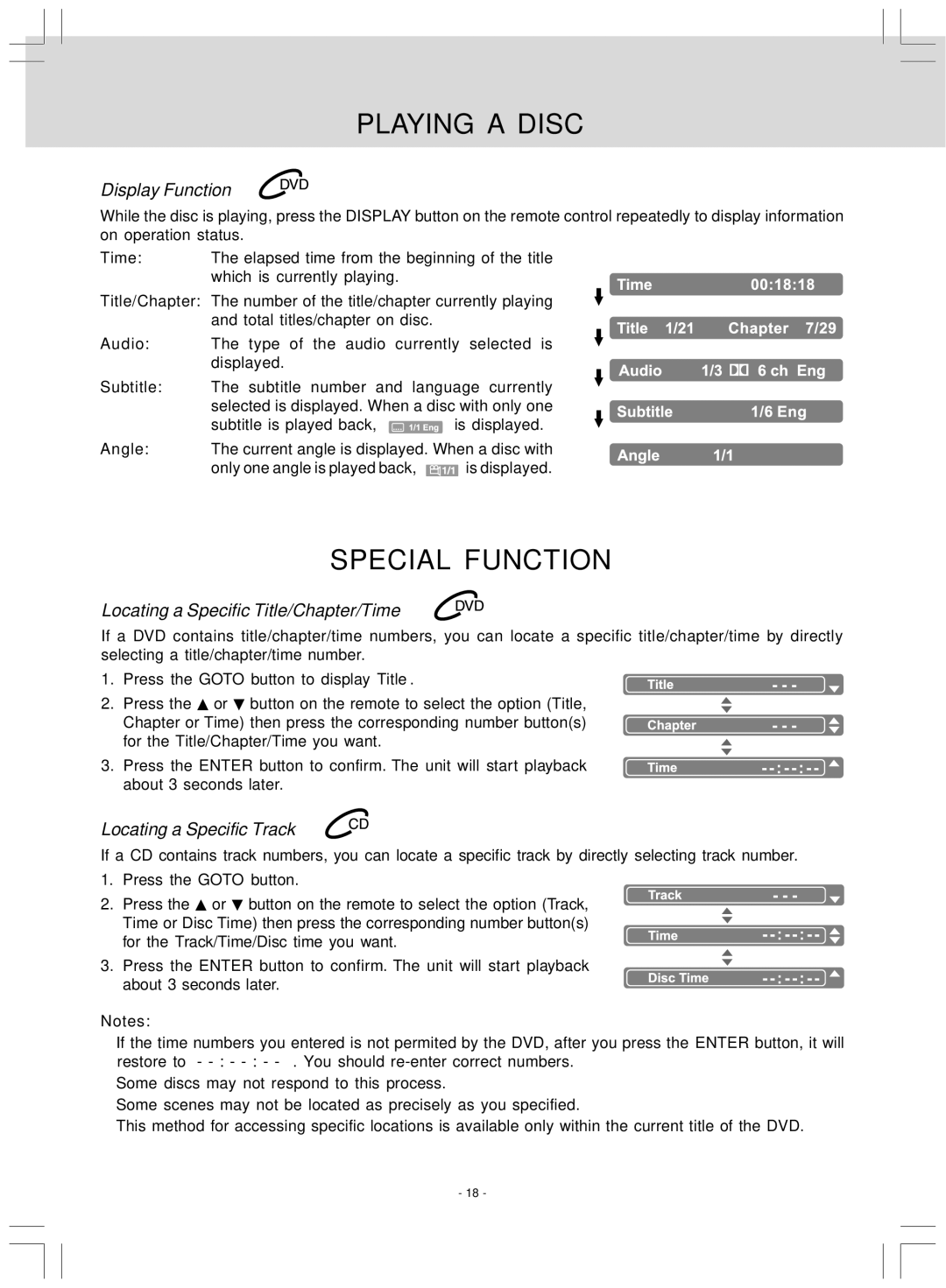 Audiovox VE827 manual Special Function, Display Function, Locating a Specific Title/Chapter/Time, Locating a Specific Track 