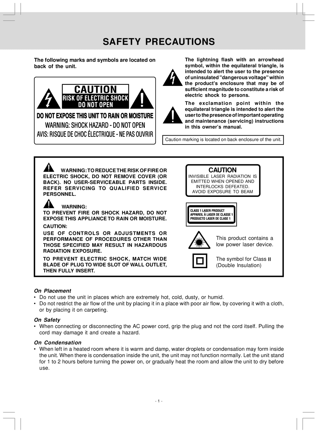 Audiovox VE827 manual Safety Precautions, Following marks and symbols are located on back of the unit 