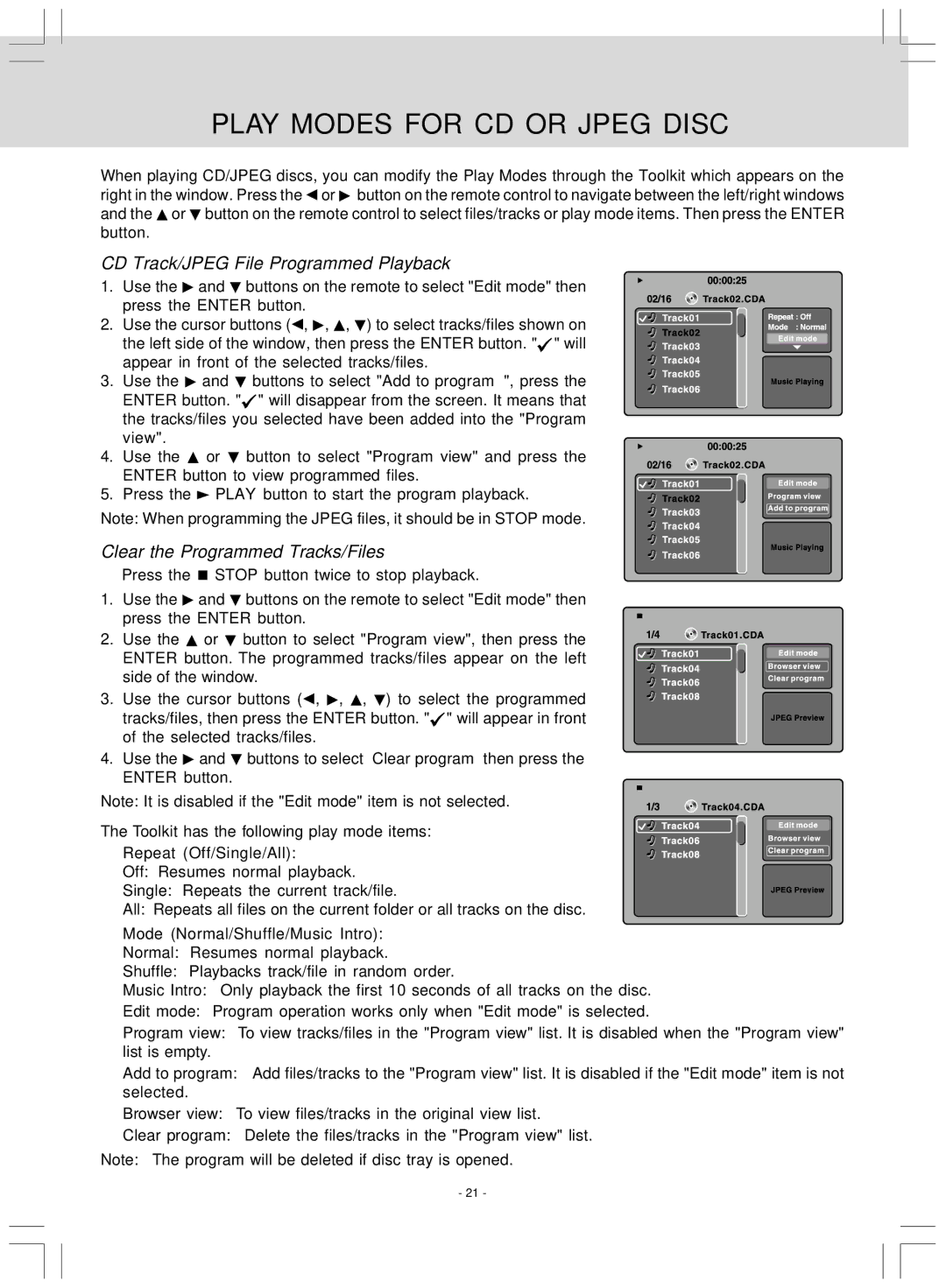 Audiovox VE827 Play Modes for CD or Jpeg Disc, CD Track/JPEG File Programmed Playback, Clear the Programmed Tracks/Files 