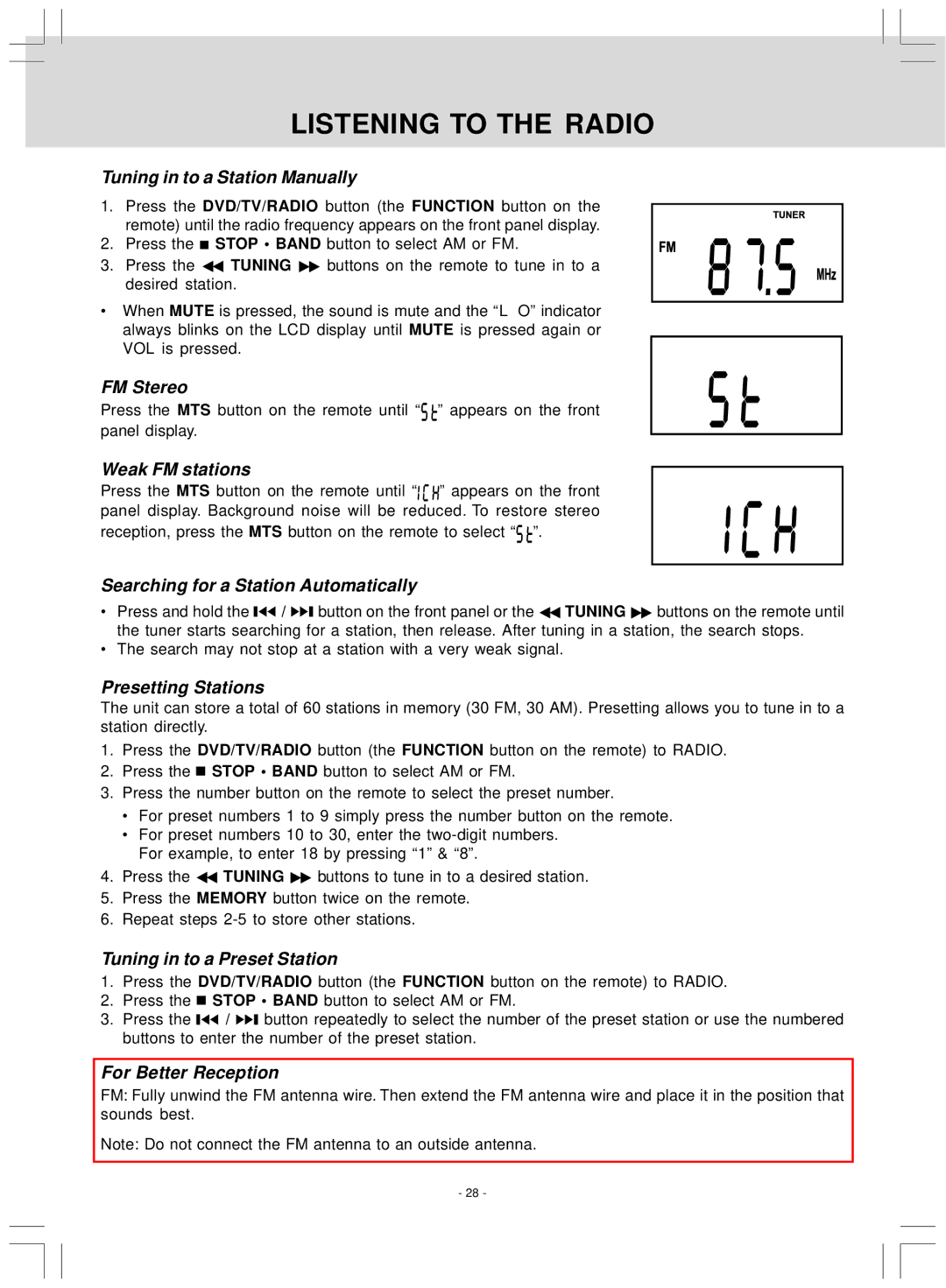 Audiovox VE827 manual Listening to the Radio 