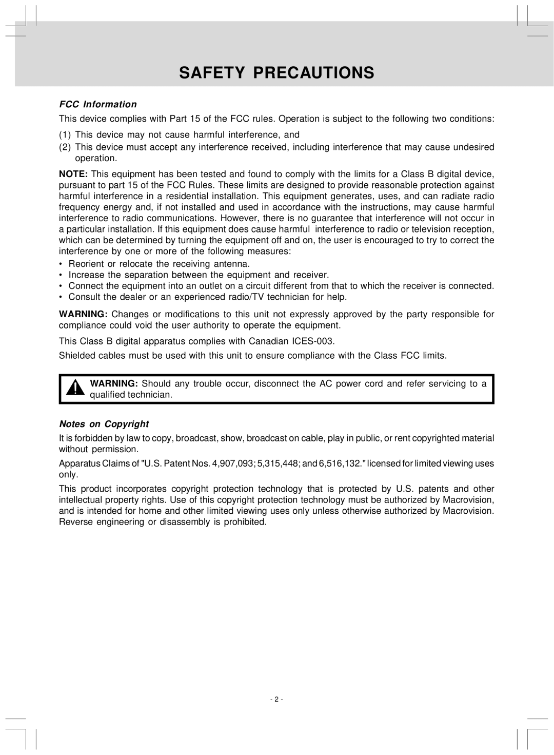 Audiovox VE827 manual FCC Information 