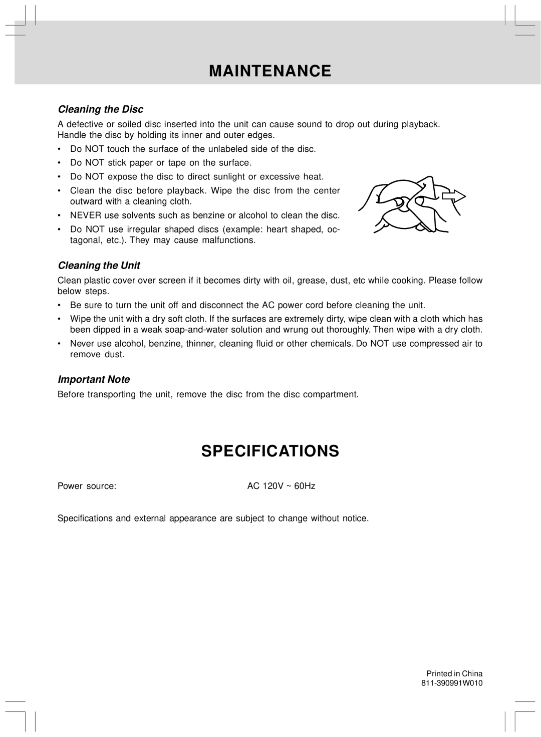 Audiovox VE827 manual Maintenance, Specifications, Cleaning the Disc, Cleaning the Unit, Important Note 
