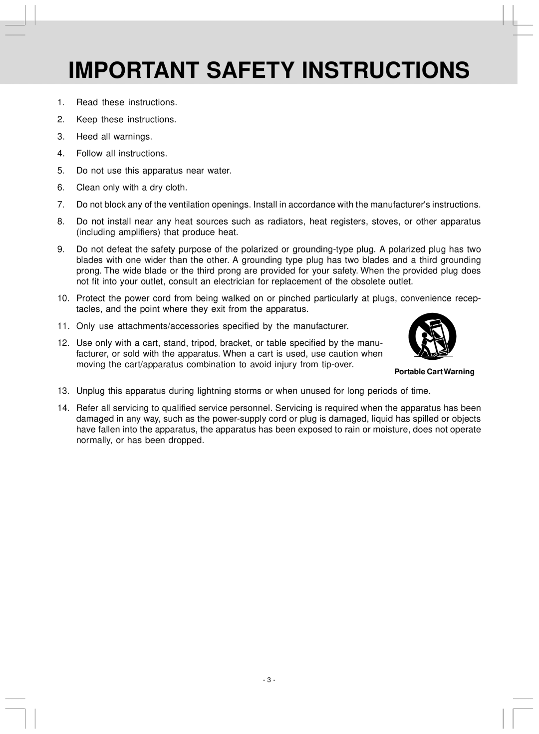 Audiovox VE827 manual Important Safety Instructions 