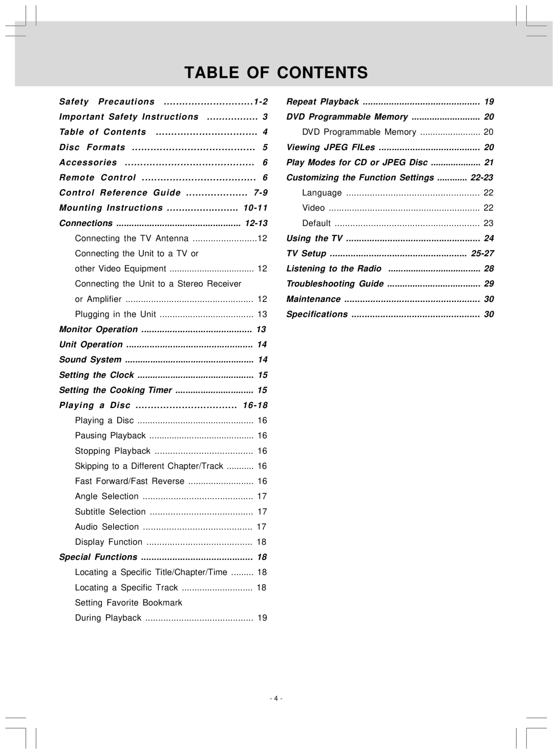 Audiovox VE827 manual Table of Contents 