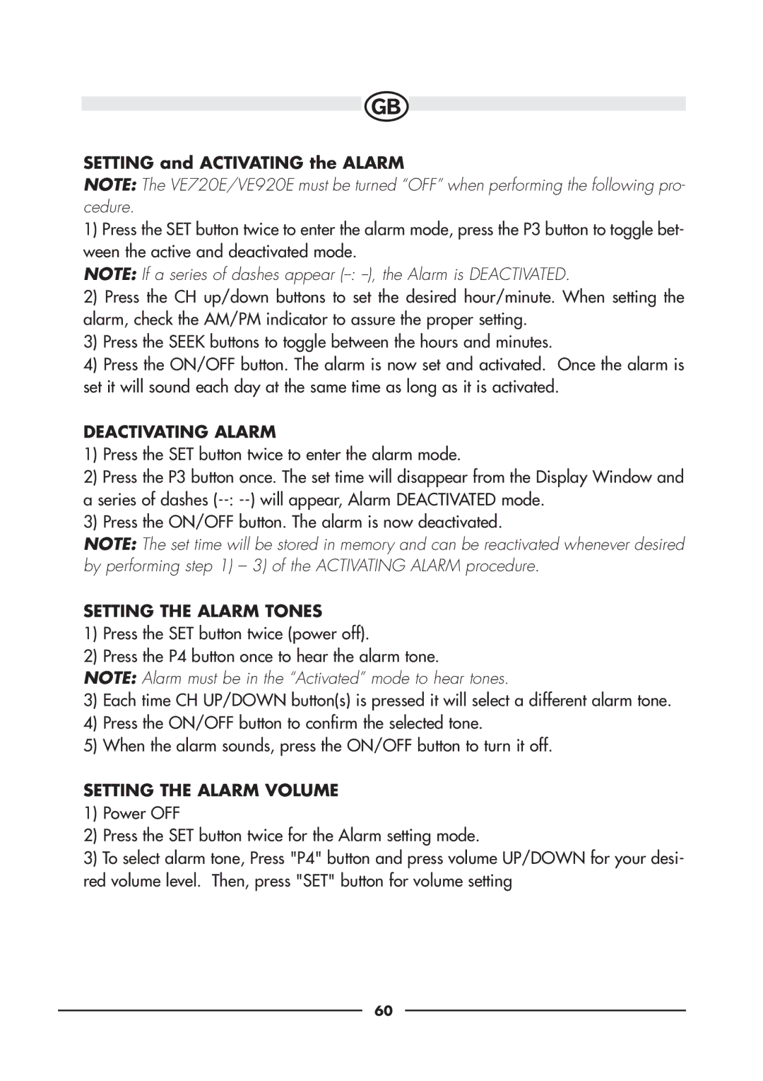 Audiovox VE920E Setting and Activating the Alarm, Deactivating Alarm, Setting the Alarm Tones, Setting the Alarm Volume 