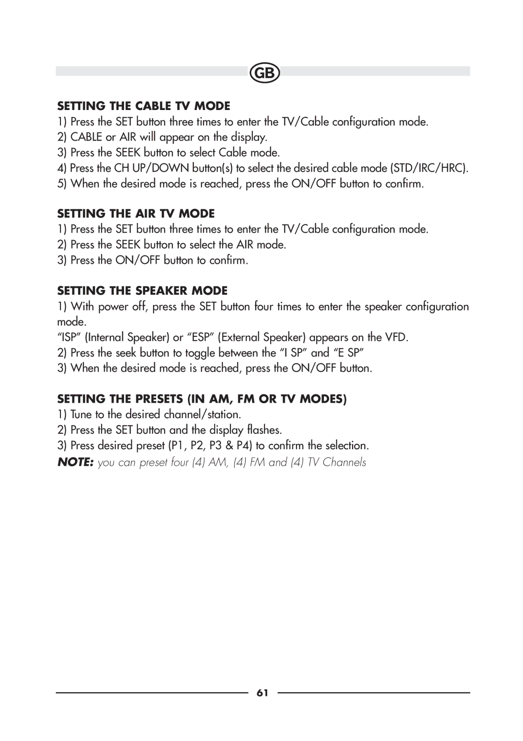 Audiovox VE720E, VE920E owner manual Setting the Cable TV Mode, Setting the AIR TV Mode, Setting the Speaker Mode 