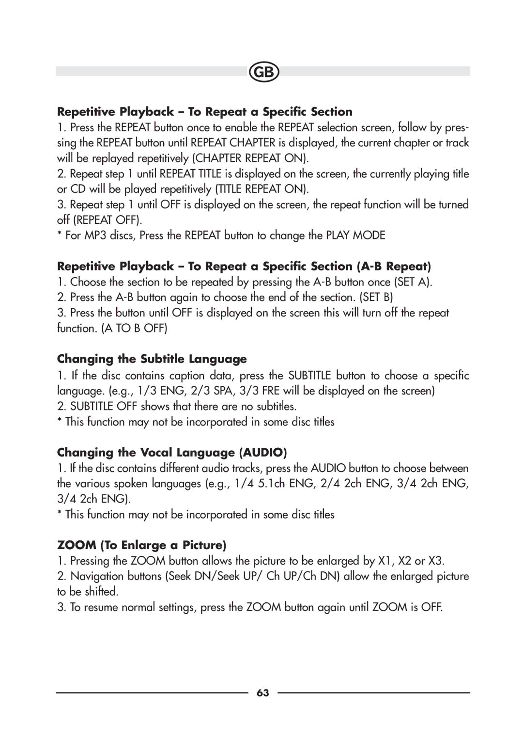 Audiovox VE720E, VE920E owner manual Repetitive Playback To Repeat a Specific Section, Changing the Subtitle Language 