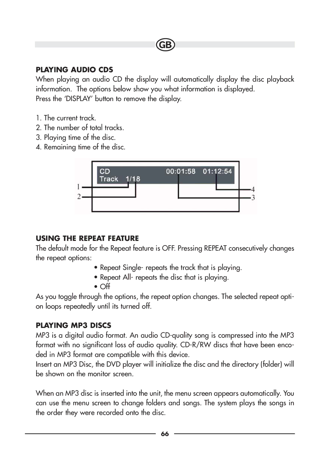 Audiovox VE920E, VE720E owner manual Playing Audio CDS, Using the Repeat Feature, Playing MP3 Discs 