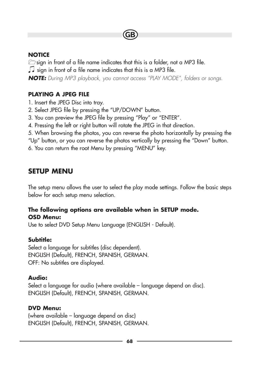 Audiovox VE920E, VE720E owner manual Setup Menu, Playing a Jpeg File, Subtitle, Audio, DVD Menu 