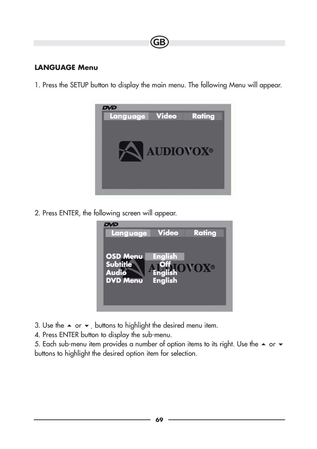 Audiovox VE720E, VE920E owner manual Language Menu 